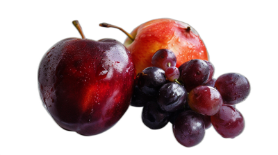 a red apple, black plum and purple grapes on the side of each other, black background, high resolution photography