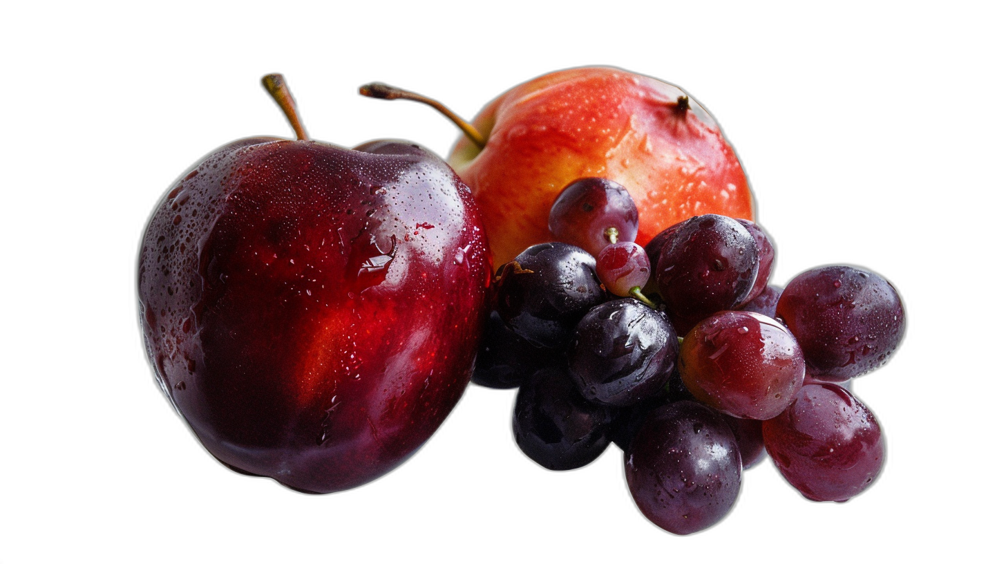 a red apple, black plum and purple grapes on the side of each other, black background, high resolution photography