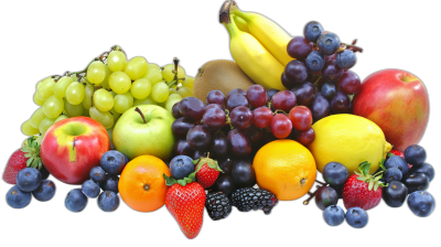 Fruit, colorful fruits, apples, bananas, grapes, oranges, blueberries, strawberries, black background, photography, high definition details, best quality.