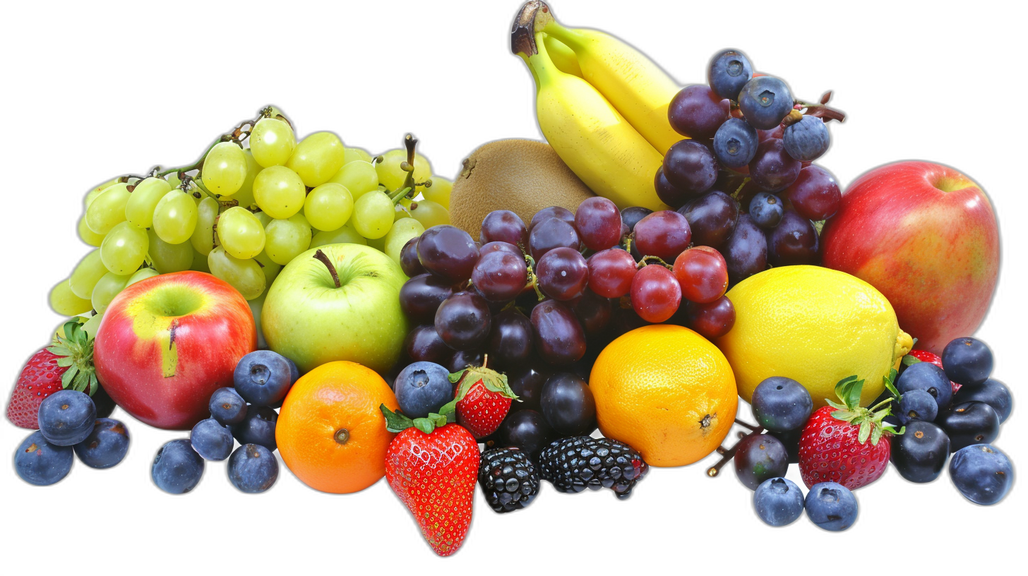 Fruit, colorful fruits, apples, bananas, grapes, oranges, blueberries, strawberries, black background, photography, high definition details, best quality.