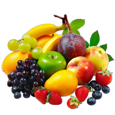 A pile of mixed fruits such as apples and bananas surrounded by grapes, strawberries, and oranges on a black background. The photography is in high resolution with realistic details and bright colors in the style of professional lighting effects and natural light.