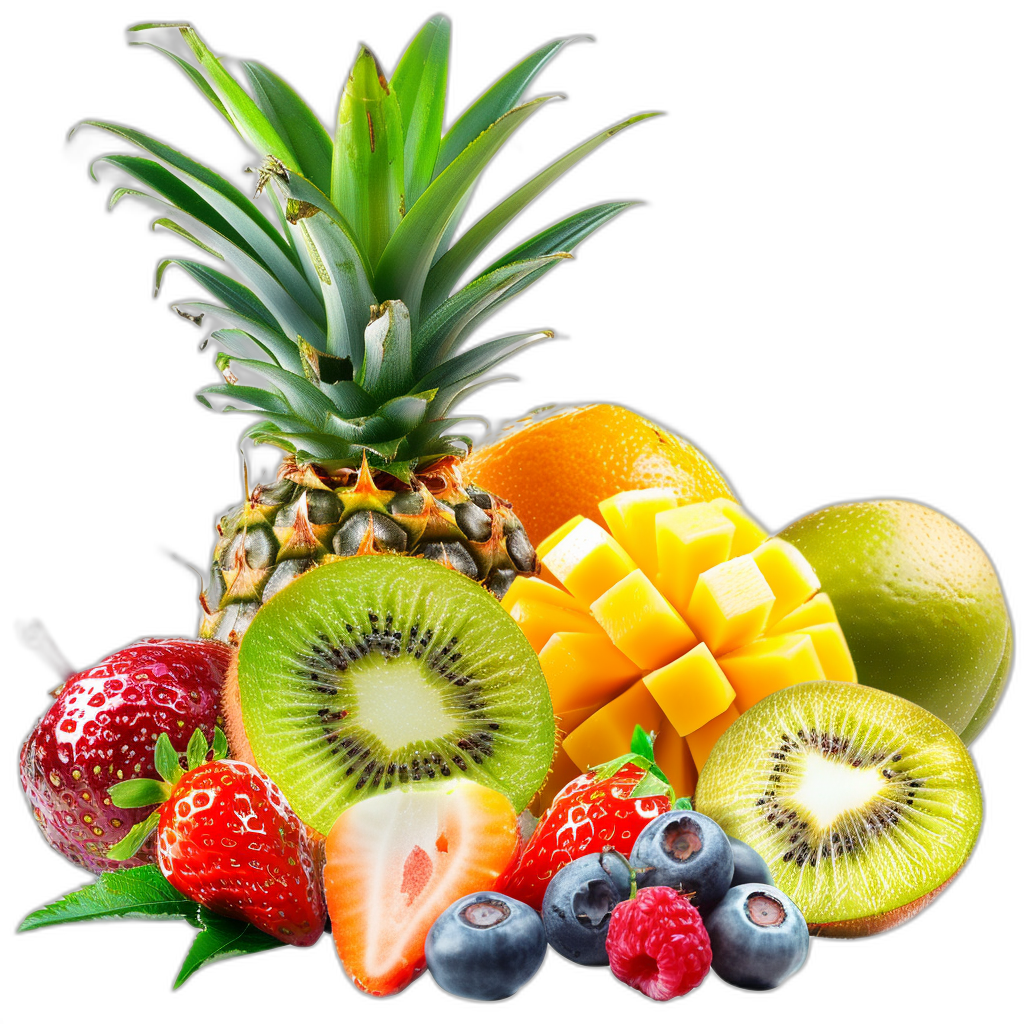 A pile of tropical fruits, including pineapple, kiwi with mango in the middle, strawberries around it, and blueberries on top, against a black background, with high resolution, hyper realistic photography style in the style of no shadows, no text, no cut border, no gradient background, no reflection, and no light source.