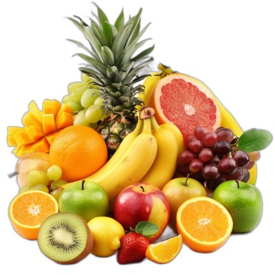 A pile of fresh fruits, including apples and bananas, surrounded by oranges, pineapples, grapes, mangoes, and kiwi on a black background in high definition photography in the style of realistic, high resolution photography with bright colors and professional studio lighting.