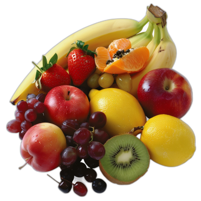 fruits, banana, apple, lemon, kiwi, strawberry, grapes, orange, black background, hyper realistic photography in the style of black background