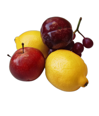 high resolution photograph of an apple, lemon and plum against black background. the lemons should be yellow in colour and they must have no shadow on them. The cherrys at top left hand side to give some character.