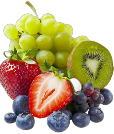 fruits, green grapes, blueberries, strawberries and kiwi in a realistic stock photo, black background, ultrarealistic photography