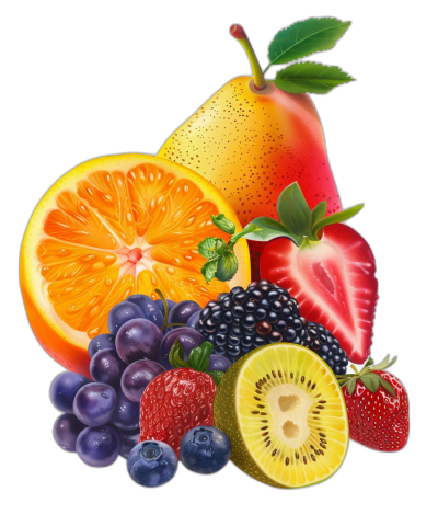 Fruit and berries, orange in the middle of an illustration with black background, realistic, colorful, with different types of fruit like strawberries or blueberries, on top there is one kiwi and other fruits. In front of it we can see some grapes. The whole scene has a very vibrant color palette, with bright oranges, reds, purples, greens, and blues. It's a detailed and highquality image that captures all these elements perfectly.