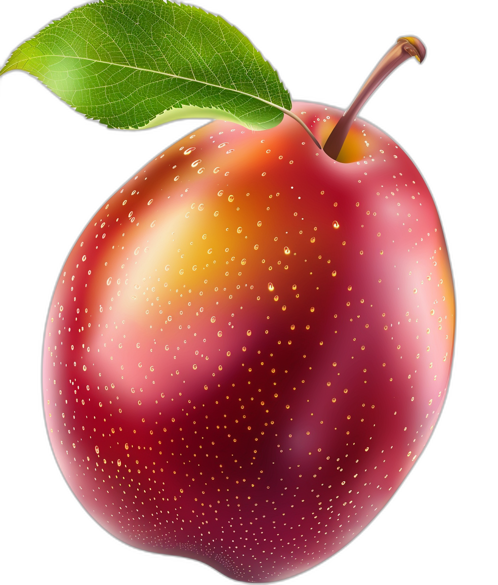 A realistic advertising apple illustration in the style of a vector graphic design on a black background, with detailed texture and lighting, showcasing the vibrant red color of a juicy delicious shiny fresh mango fruit with yellow dots and a green leaf, at a high resolution.