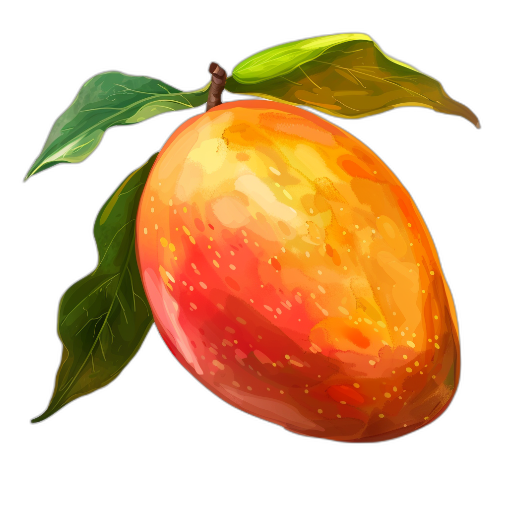 A vibrant mango with leaves is depicted on a black background in the style of vector art. The illustration is created using digital painting techniques and has smooth edges for an ultrarealistic look. It is presented from the side as if it were hanging on its branch.