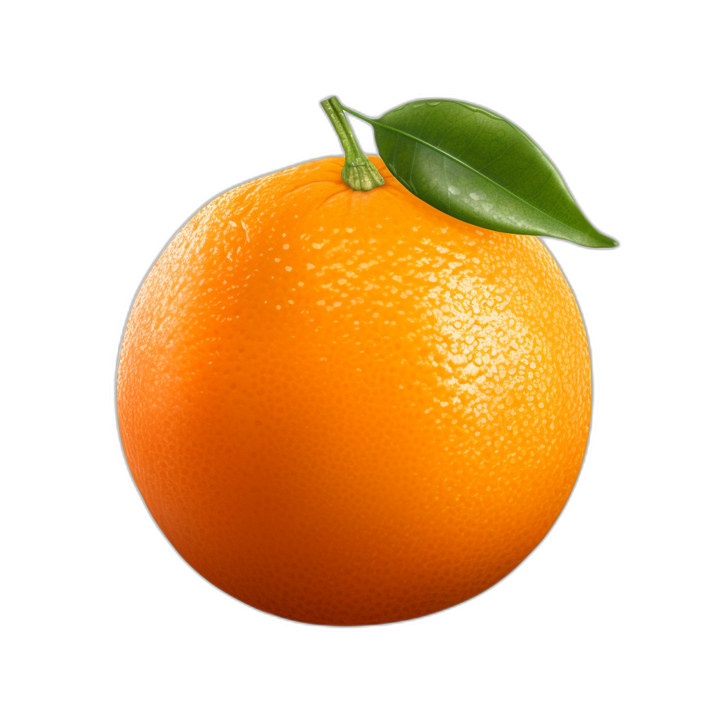 A realistic orange with green leaf on black background, no shadow, no reflection, no text in the picture, highly detailed, ultra high resolution, high definition, high quality