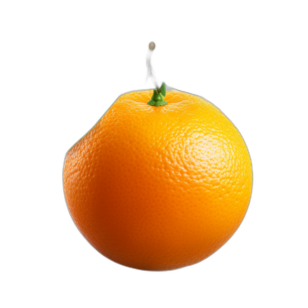 One orange fruit floating in the air against a black background, in the style of hyper realistic photography.