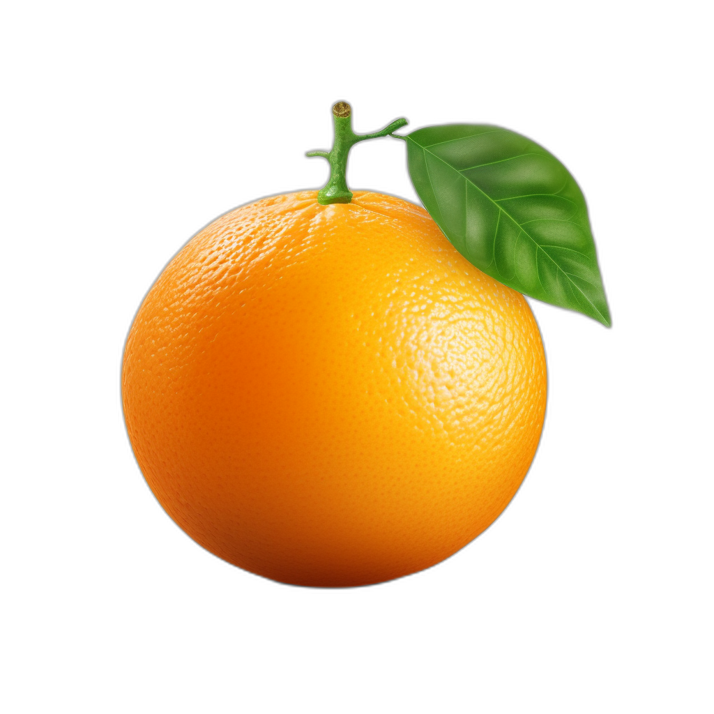 An realistic orange with a leaf on a black background, high resolution, ultrarealistic photography style, highly detailed, high quality, high definition, high detail, in the style of high resolution, in the style of high detail, high realism, high contrast, high color saturation, high colorim. A text field with an empty space in the center for text and a small white circle icon next to it, an orange fruit icon, 3d rendering, 2D design, at a 45 degree angle of view.