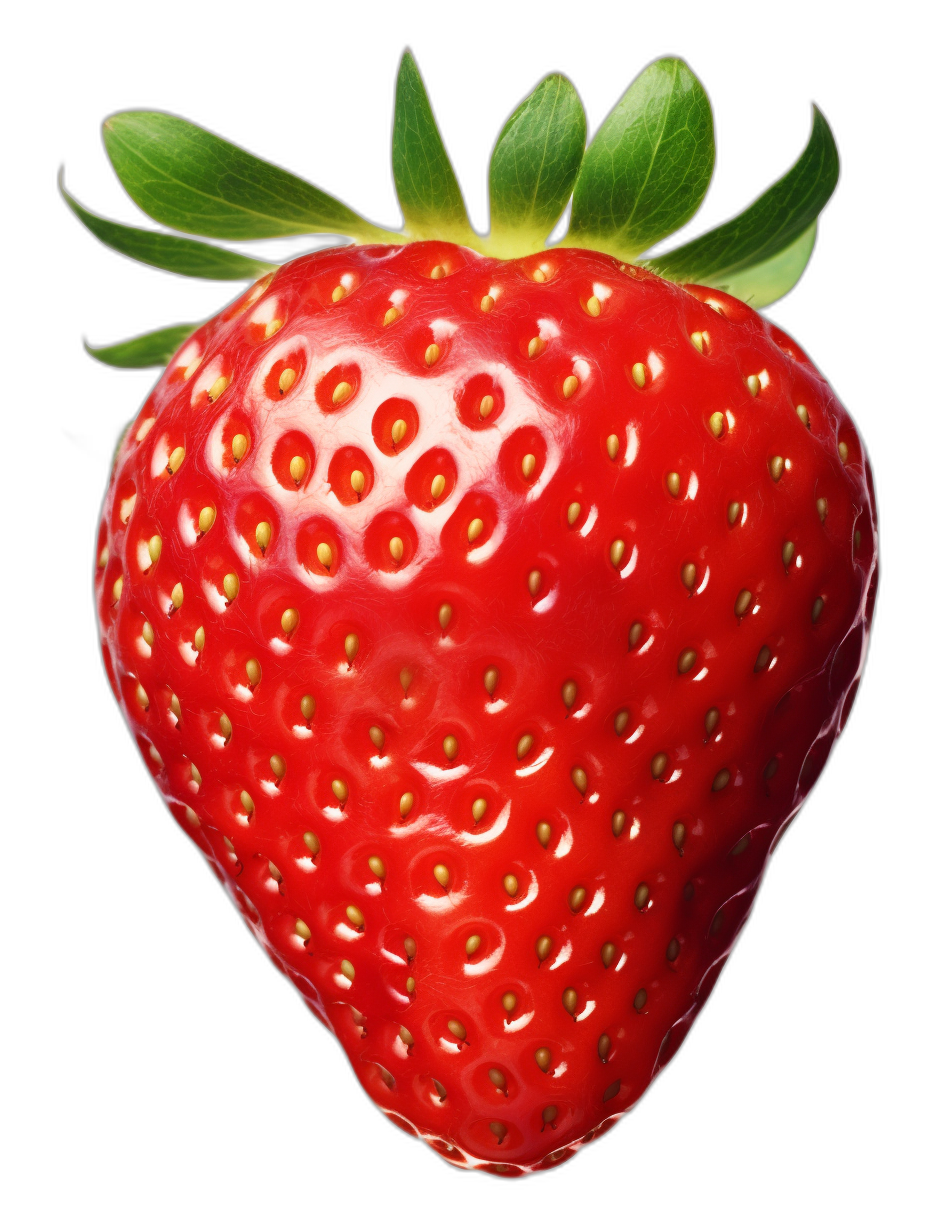 A photorealistic strawberry, highly detailed with a black background.