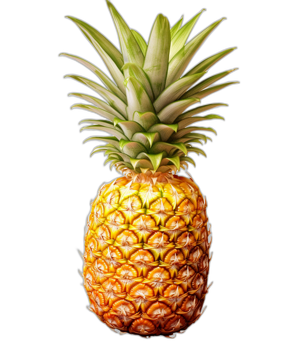 A pineapple in a photorealistic, colorful, vibrant style. The pineapple is depicted in a hyper realistic style with high resolution, high definition, and high quality details. The black background has no shadows, reflections, lighting, gradients, highlights, shadowing, texture, shading, or details. There are also no reflections or interplay of light and dark.