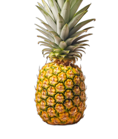 A pineapple suspended in the air, isolated on a black background, in a studio photography setting, shown in closeup, with a symmetrical composition, vibrant colors, high contrast lighting, showing the detailed texture of the fruit skin and leaves, with professional color grading, no shadows, in a high resolution photograph.