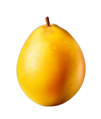 A yellow plum with water droplets on it, against an isolated black background, in the style of hyper realistic photography.