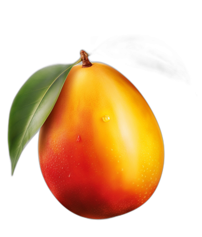 Create an ultrarealistic mango illustration isolated on black background, high resolution and detailed, fruit with vibrant colors, water drops, green leaf, side view, close up