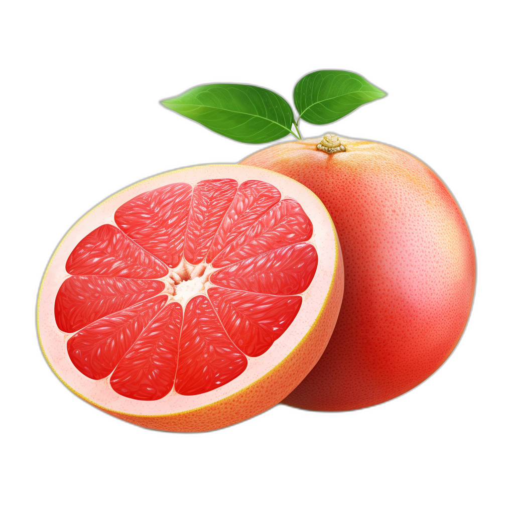 Gave cut grapefruit, vector illustration with black background, cut in half and displayed on the right side of the picture. The whole fruit is bright red, fresh and juicy. There’s green leaves hanging from it. High resolution and detail, suitable for logo design. Isolated object on white isolated background.