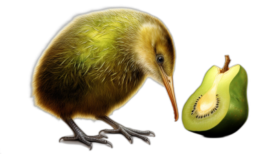 A kiwi bird is standing next to an open half of a green pear, its beak slightly touching the skin. The background has a black color for contrast and simplicity. This scene captures a moment where nature's beauty meets avian uniqueness in one adorable little New Zealand creature. A digital art illustration with vibrant colors in the style of isolation on a black background.