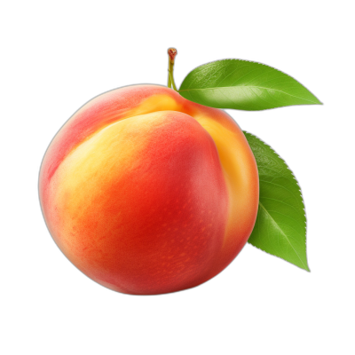 Peach with leaf isolated on black background, photography, photorealistic, high resolution