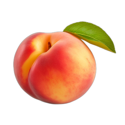 A peach with leaves on the side floating in black background, ultra realistic photography