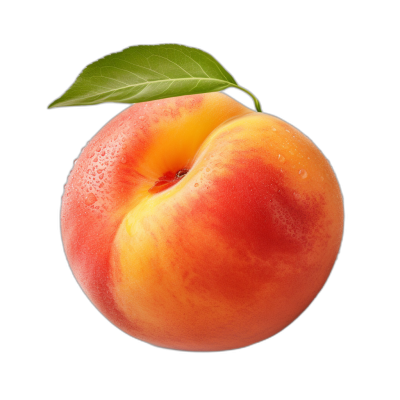 A whole peach with leaves on the top, against black background, hyper realistic photography