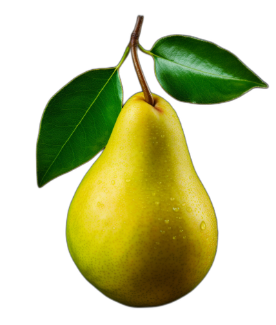 A yellow pear with green leaves on the top, on an isolated black background, in a professional photography style with studio lighting, in a high resolution photography style.