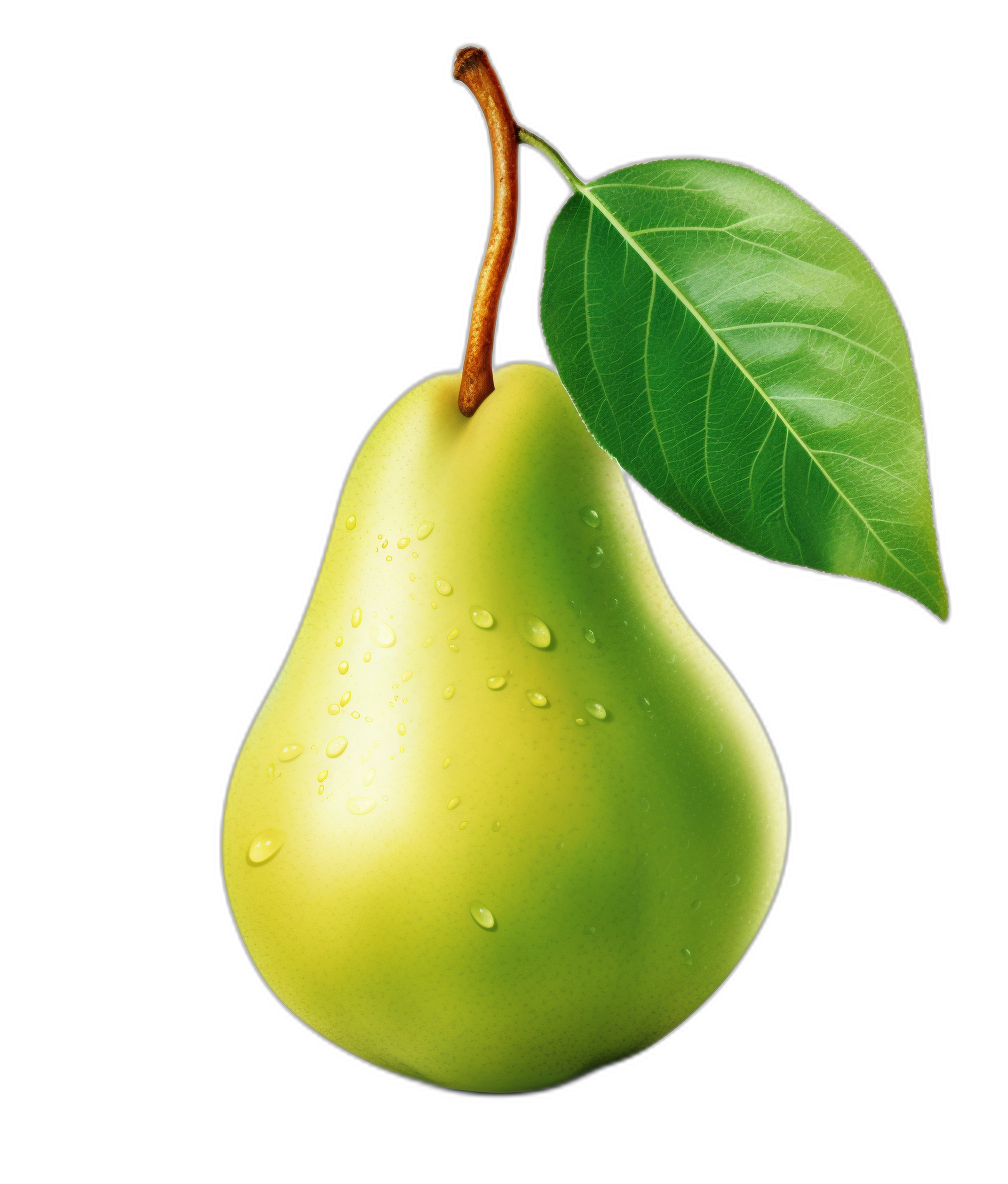 Illustration of a pear with a green leaf on a black background, high resolution digital art in the style of Steve Noble, [Greg Rutkowski](https://goo.gl/search?artist%20Greg%20Rutkowski) and [Tom Bagshaw](https://goo.gl/search?artist%20Tom%20Bagshaw).