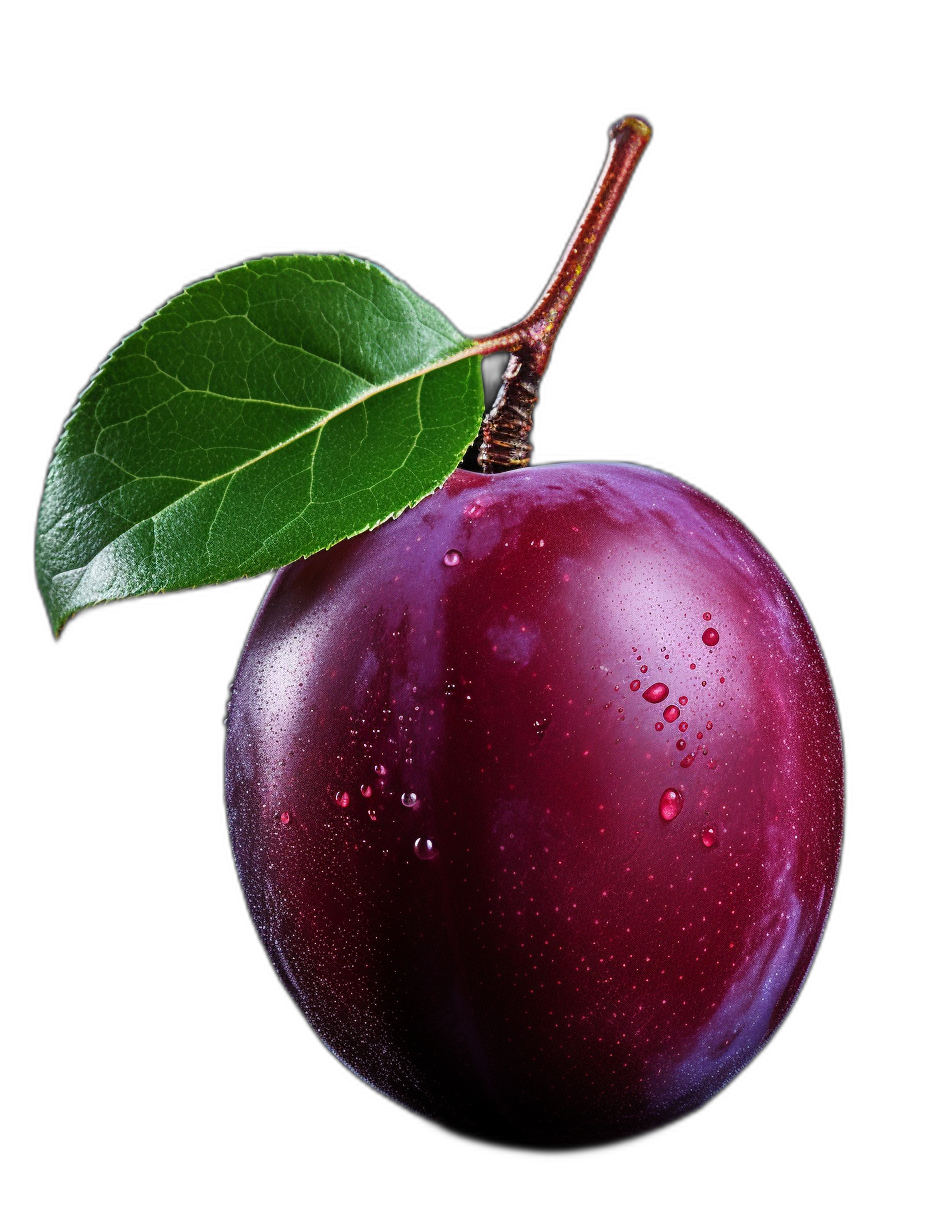 plum, realistic photo shoot, dark violet color on the background, isolated black background, closeup view of one plum with water drops and green leaf, advertising photography