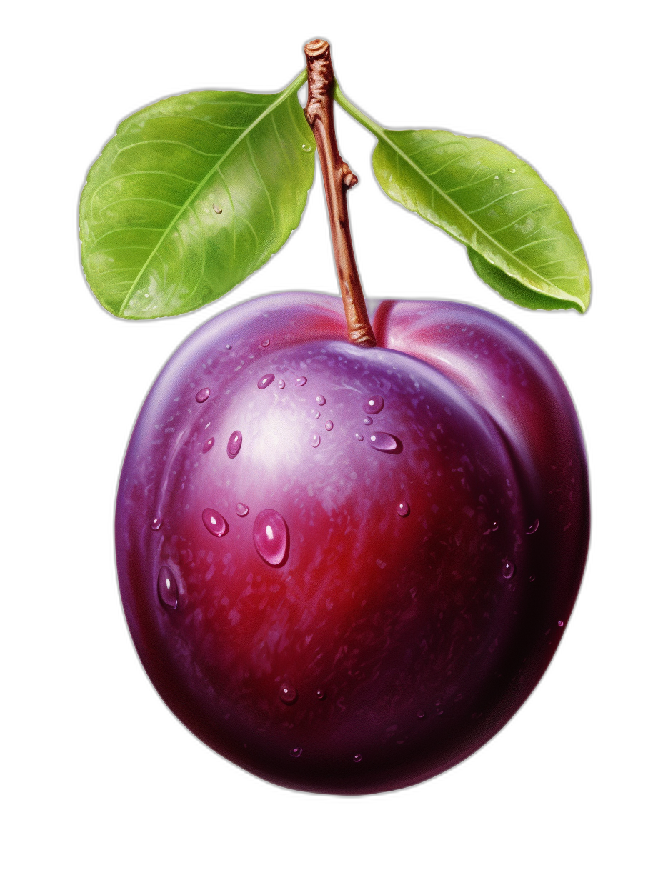 A realistic plum with water droplets on it, with green leaves and stem hanging down from the top, isolated on a black background, in the hyperrealistic illustration style of professional digital artists, with high resolution and accurate details, including accurate shading and colorful purple tones shown in high definition.