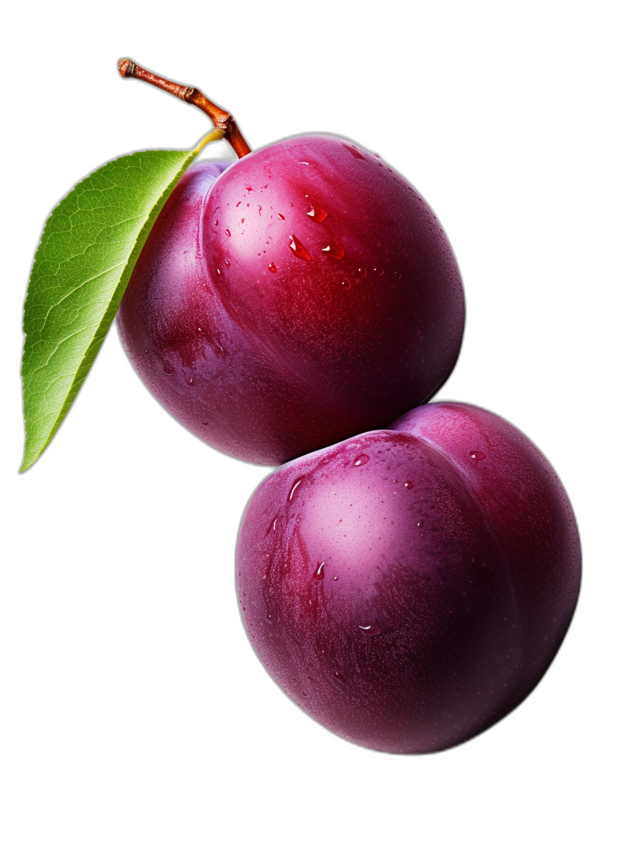 Two fresh plums, with water droplets on them and leaves hanging from the side of their bodies, isolated against black background, high resolution photography, hyper realistic, detailed texture, perfect lighting,