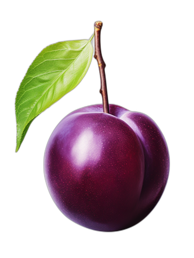 one purple plum with green leaf, isolated on black background, hyper realistic oil painting, high resolution