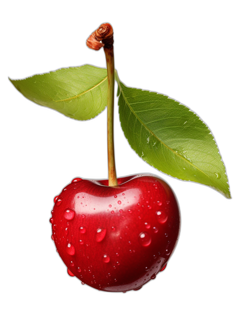 A cherry with water droplets on it, a green leaf is attached to the stem. The cherry has no seeds inside it and there is a black background. This is an ultra realistic, high resolution image focused on a single cherry. There should be no other elements in front of or behind the red cherry. It must look like a real cherry. Make sure you capture every detail of the fruit perfectly in the style of realism.