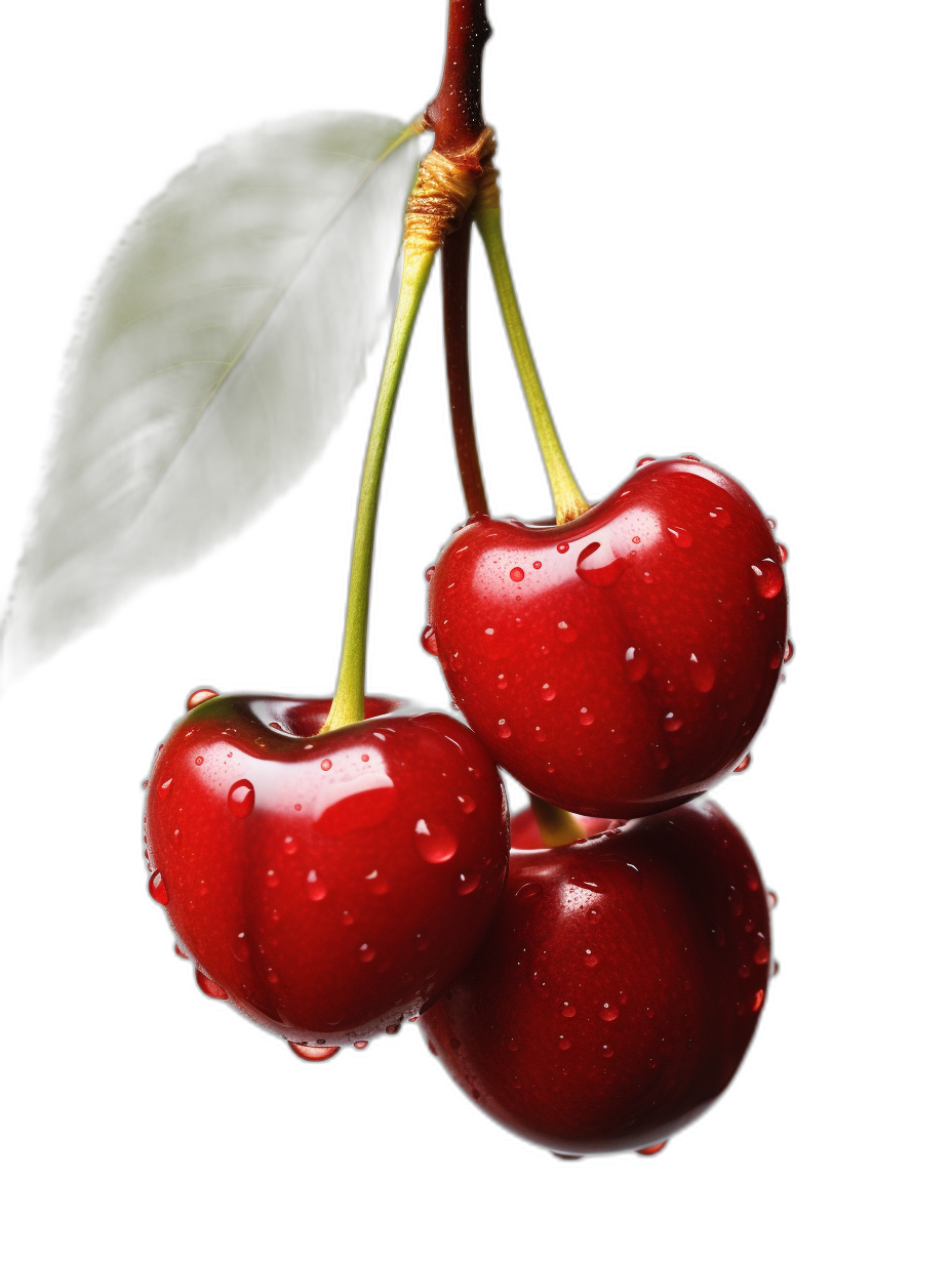 Three red cherries hanging on the stem, with water droplets and green leaves on black background, hyperrealistic style, still life photography, high resolution, high detail, high quality, high definition, hyper realistic, hyper detailed, hyper photorealistic