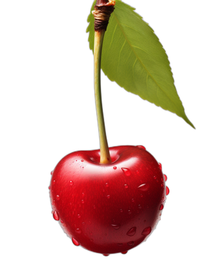 A single cherry with water droplets on it, hanging from the stem of its leaf, isolated against black background. The cherry is vibrant red and shiny, with a glossy texture that reflects light. It has two green leaves attached to one side, adding contrast and detail. The focus should be sharp, capturing every tiny grain in the fruit's skin for an authentic look. This image would create an attractive visual composition suitable as an advertising product photo or graphic design element.