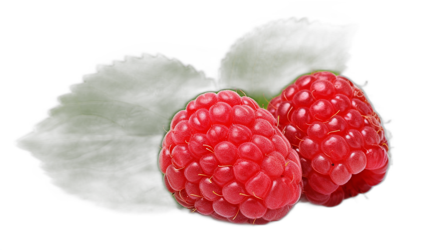 Rramdown, two raspberries with green leaves on black background, closeup, high resolution photography, high quality photo realistic design, hyper detailed, hyperrealistic, product studio photography, isolated on plain dark gradient background,