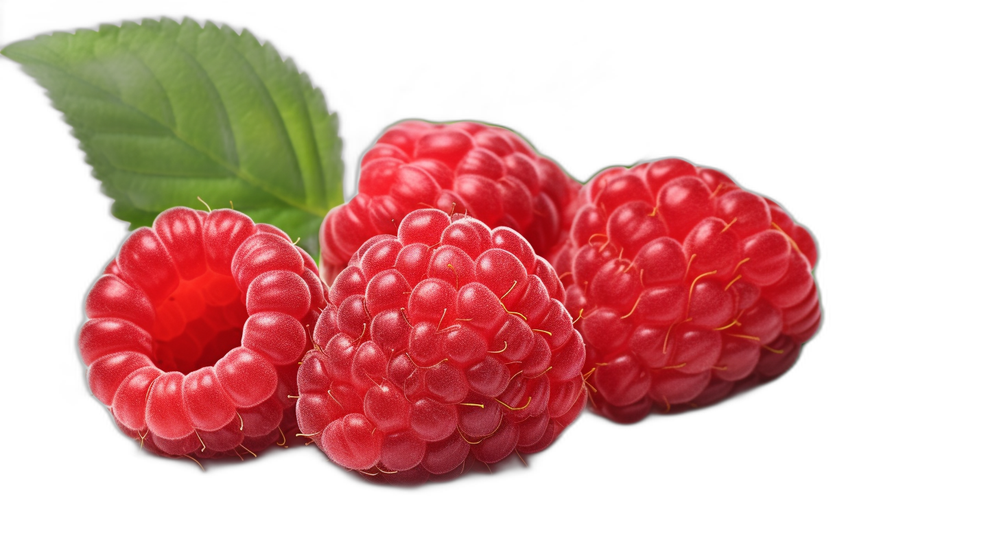 RASBvari is an elegant and delicious fruit with three fresh raspberries on black background, isolated, macro photography, hyper realistic, ultra detailed,