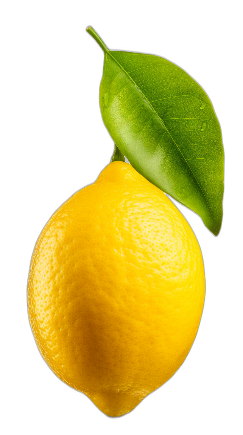 A vibrant yellow lemon with its leaf hanging down, isolated on black background, high resolution photography