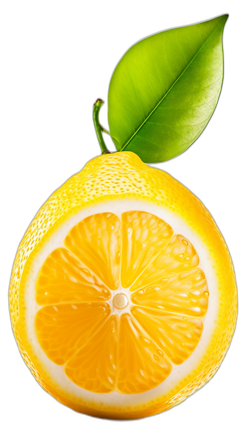 Lemon with leaf, isolated on black background, high resolution photography