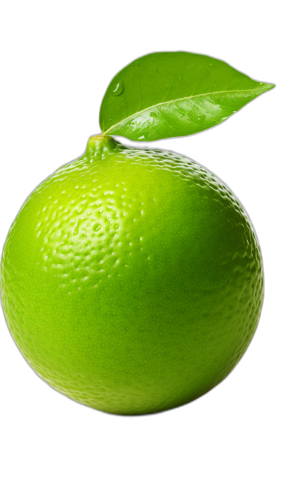 A lime with a leaf on a black background, in the style of hyper realistic photography.