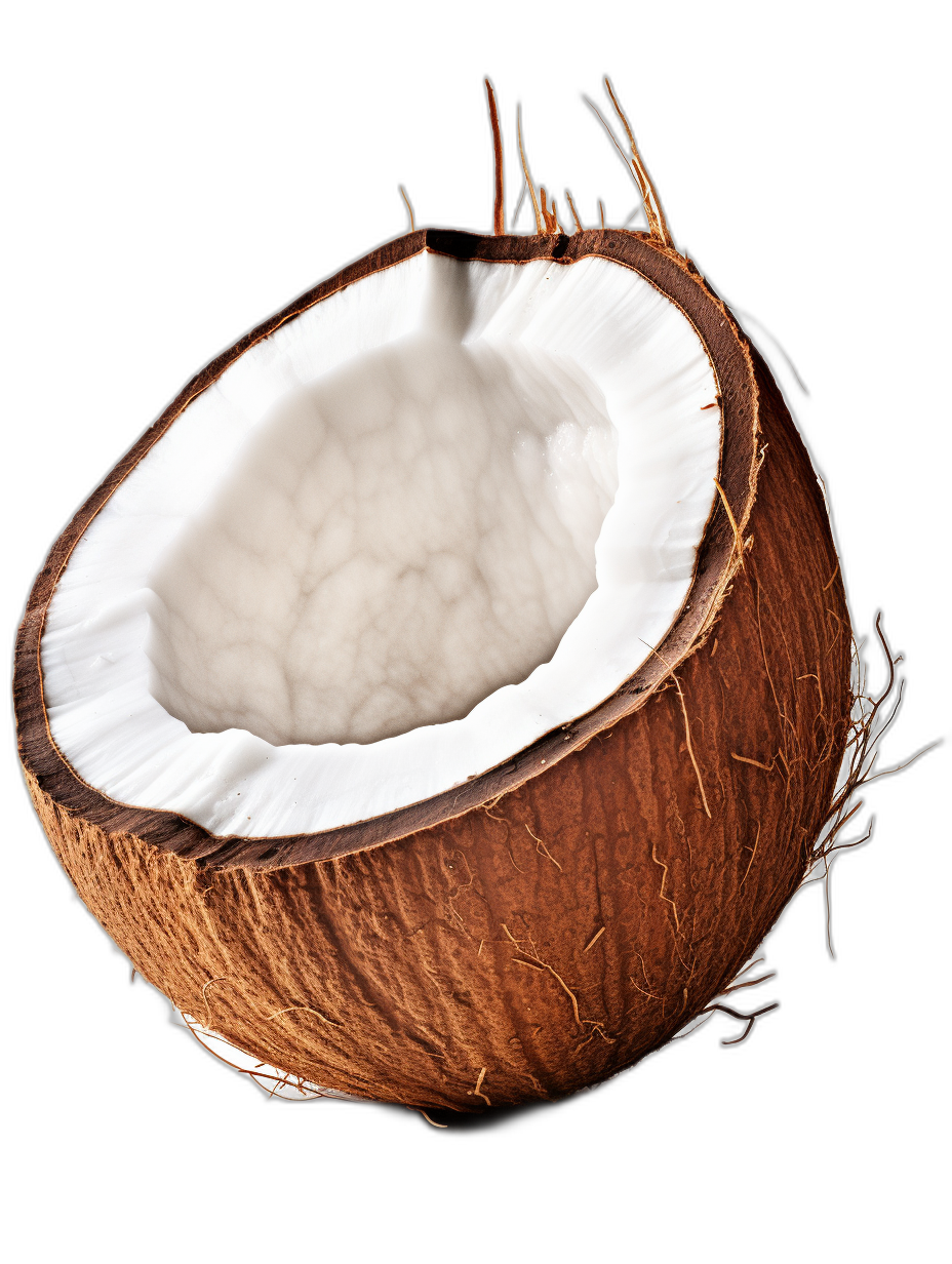 A coconut with the shell open, the inside is white and textured, the black background, the light source comes from above, the top view of photography, high definition, real details, high resolution, high quality, high sharpness, high focus, high detail, high resolution, high resolution, high detail, high contrast, high resolution, high detail, high detail, high detail, high resolution, high detail, high detail, high detail, high detail, high detail, high detail, high detail, high detail, high detail, high detail, high detail, high detail, high detail, high detail, high detail, high detail,