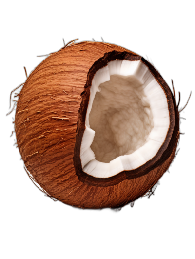 photorealistic coconut with the shell open, top view, isolated on a black background, high resolution photographic image in the style of high resolution photography