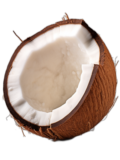 An ultrarealistic photograph of a coconut cut in half, with the inside visible on a black background. The photo should capture intricate details and textures, showcasing both the white rough coconut meat texture and rich brown shell. Ensure that no other elements or objects appear outside or within the coconuts to highlight their focus and clarity. This high-resolution photograph will convey realism and depth while highlighting key features such as color, shape, and lighting for detailed commercial photography use, in the style of realistic photography.