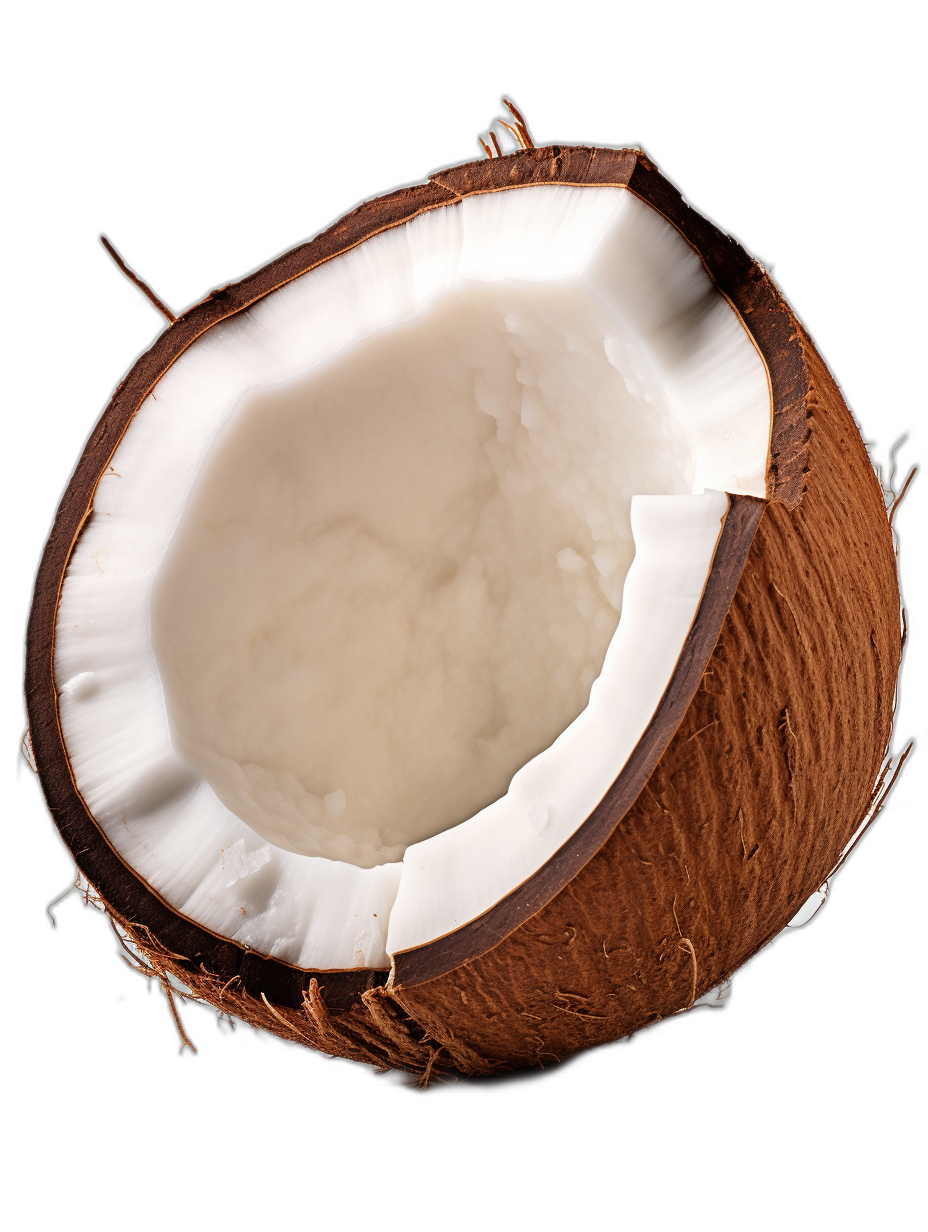 An ultrarealistic photograph of a coconut cut in half, with the inside visible on a black background. The photo should capture intricate details and textures, showcasing both the white rough coconut meat texture and rich brown shell. Ensure that no other elements or objects appear outside or within the coconuts to highlight their focus and clarity. This high-resolution photograph will convey realism and depth while highlighting key features such as color, shape, and lighting for detailed commercial photography use, in the style of realistic photography.