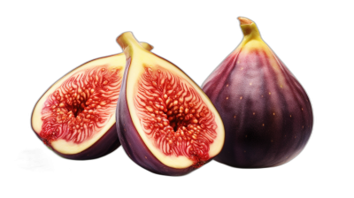 Two whole figs and one cut in half, against black background, high resolution photography, insanely detailed