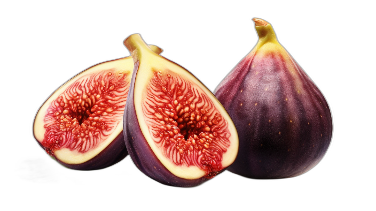 Two whole figs and one cut in half, against black background, high resolution photography, insanely detailed