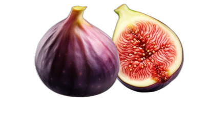 A photorealistic image of whole fig and half cut fig on black background, high resolution photography, insanely detailed