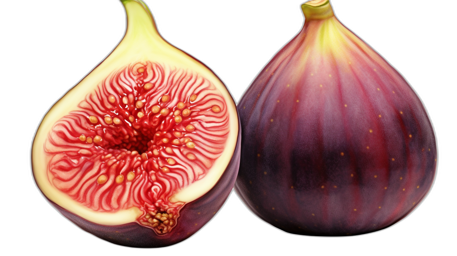 A hyperrealistic illustration of two figs, one whole and the other cut in half with intricate patterns inside, against black background, high resolution photography, insanely detailed