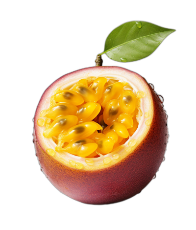 A passion fruit cut in half, the pulp is yellow and juicy inside with many seeds. The skin of the tree has dark red to purple tones. There's green leaves on top. Isolated black background. Photographic style.