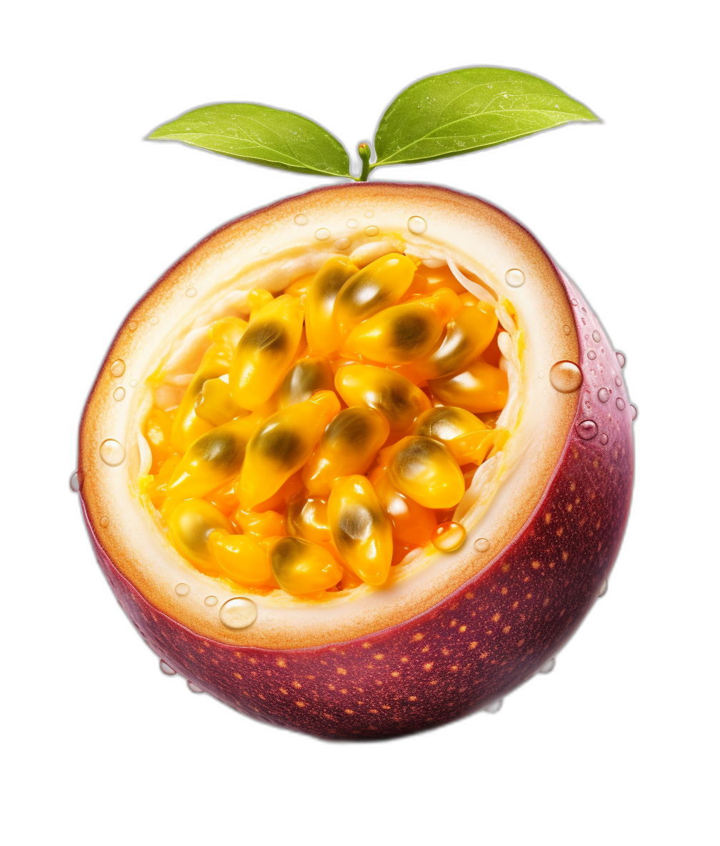 A realistic advertising shot of an open passion fruit with the pulp and seeds visible, side view, isolated on a black background, vibrant colors, photo realism, high resolution photography, in the style of high definition.